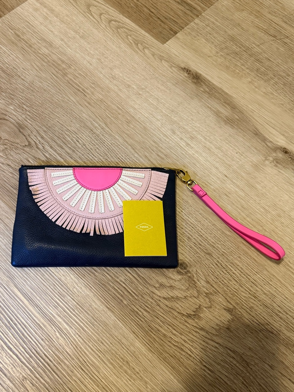 Fossil Leather Wristlet Clutch with Pink Fringe Accent